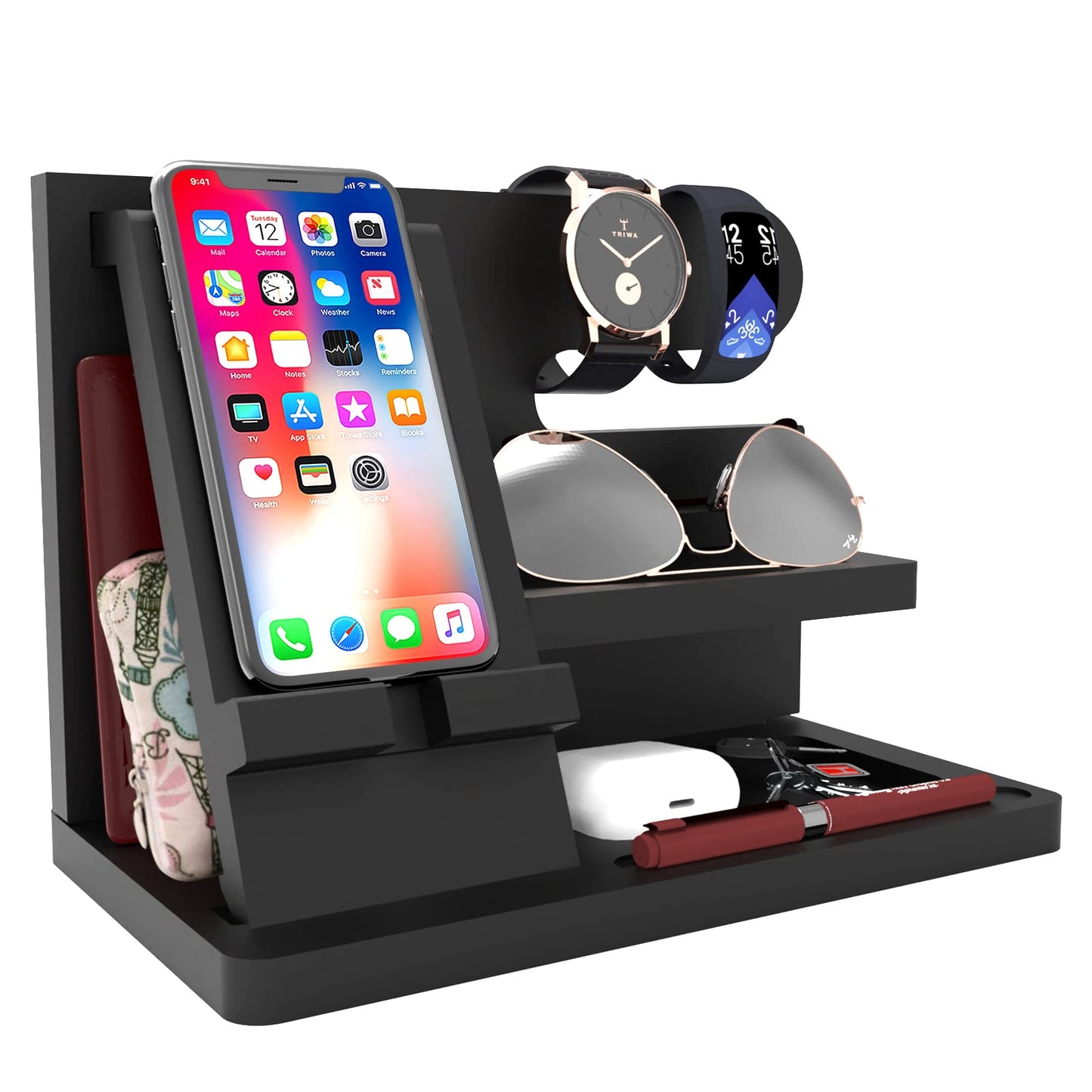 Iswabard Gifts for Men Wood Phone Docking Station Birthday Gift for Men Valentines Day Gifts Father Gift for Him Boyfriend Nightstand Organizer Desktop Phone Stand Black