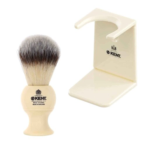 Kent BK8S Shaving Brush with Ultra-Soft Silvertext Synthetic Bristles and Faux Ivory Resin Handle with VSB6 1.5" Water Resistant Mock Ivory Shaving Brush Stand