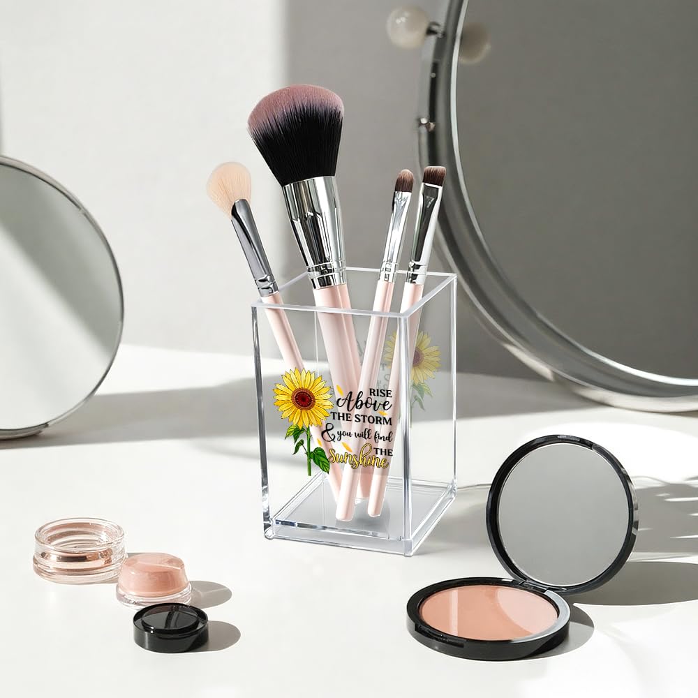 Vgrti Rise Above The Storm and You Will find The Sunshine Acrylic Cosmetic Pencil Pen Holder Cup, Positive Sunflower Desk Organizer Accessories for Home Office Decor, Motivational Gifts for Women Girl