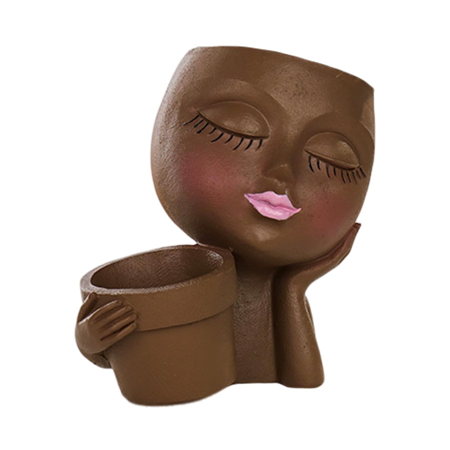 IUYYPU Face Planter for Succulents, Resin Lady Head Pot with 2 Planting Pockets and Drainage Holes, Approx. 6.3 x 4.3 x 6.7 in, Openings 3.2 in & 2.4 in, Brown