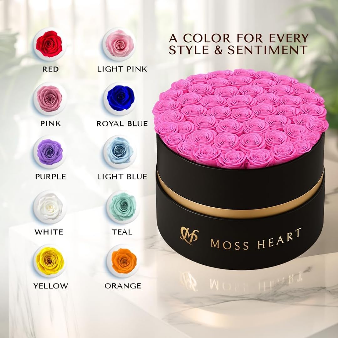 Moss Heart 50 Petite Preserved Roses, Designer Round Box, Real Forever Roses Last 1+ Year, Premium Gift for Women, Wife, Girlfriend, Mother’s Day, Birthday, Anniversary, Valentine’s Day