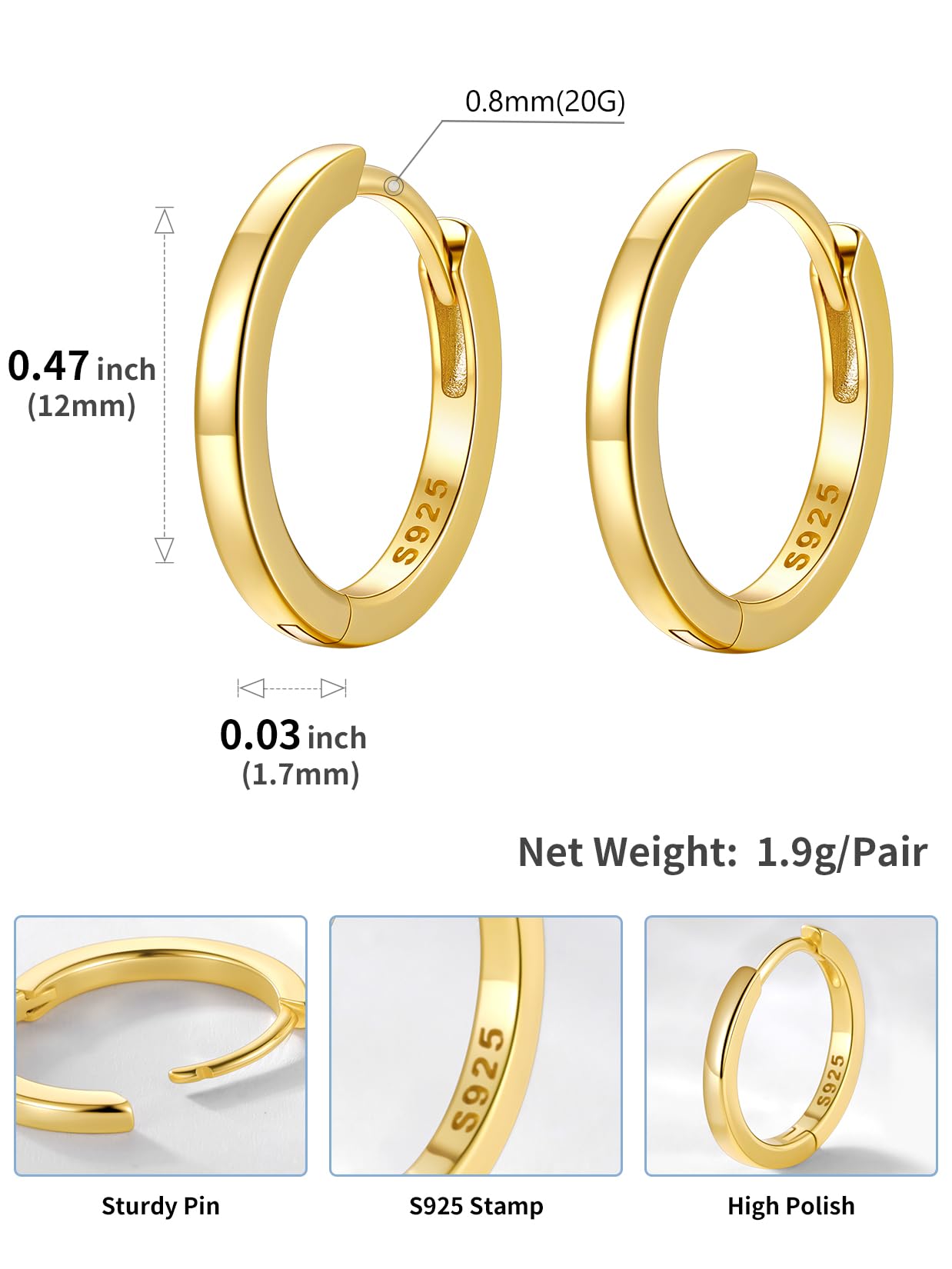 SILVERCUTE 925 Sterling Silver Huggie Hoop Earrings for Women,Hypoallergenic 14K Gold Plated Small Hoop Earring Cartilage Earring Lightweight Huggies Earrings for Women,8/10/12mm