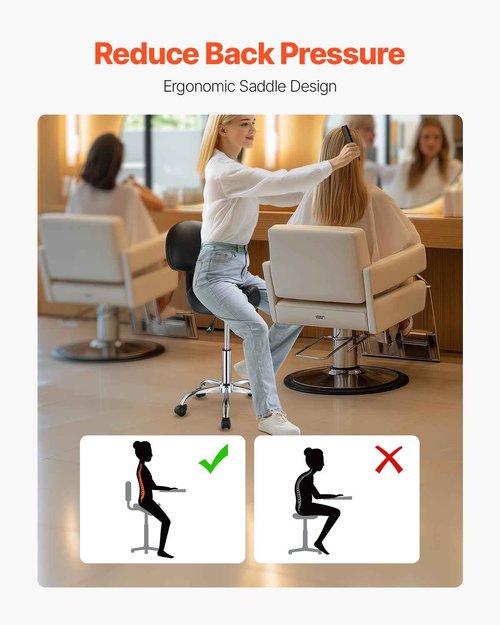 VEVOR Saddle Stool with Back Support and Wheels, 450 LBS Weight Capacity Ergonomic Rolling Stool, Height Adjustable Thickened PU Leather Swivel Saddle Chair for Salon, Spa, Massage, Tattoo, Black