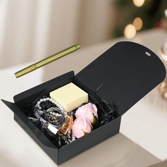 12Pack Small Gift Boxes,Black Square Gift Box with Metal Pen for Candy, Chocolate, Wedding,Birthday, Baby Shower,6.5×6.5×2 Inch