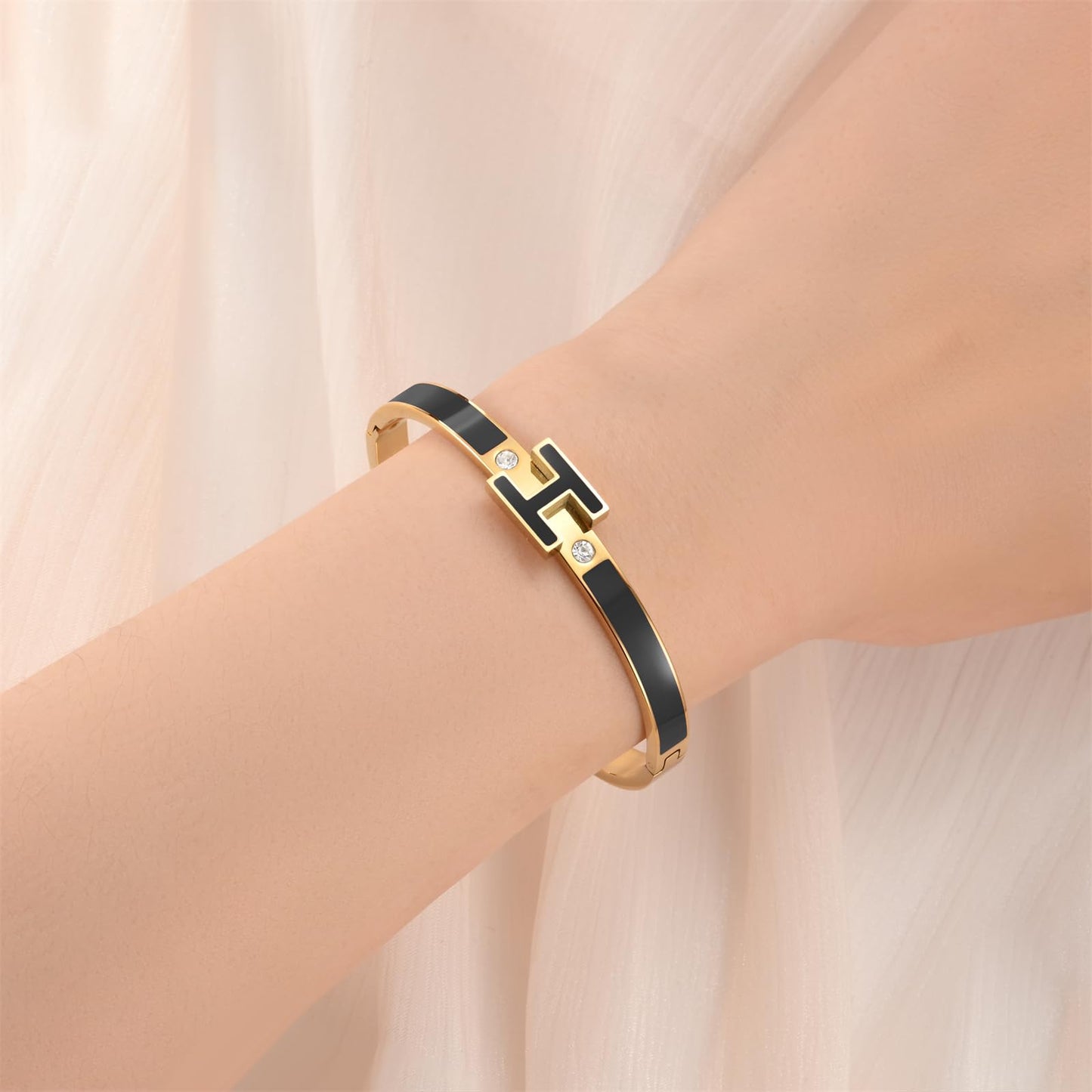Hothink H Bracelets for Women,H Bracelet,Bangle Bracelets for Women,Dainty Bracelet Easter Christmas Mothers Day Gifts for Women (Black)