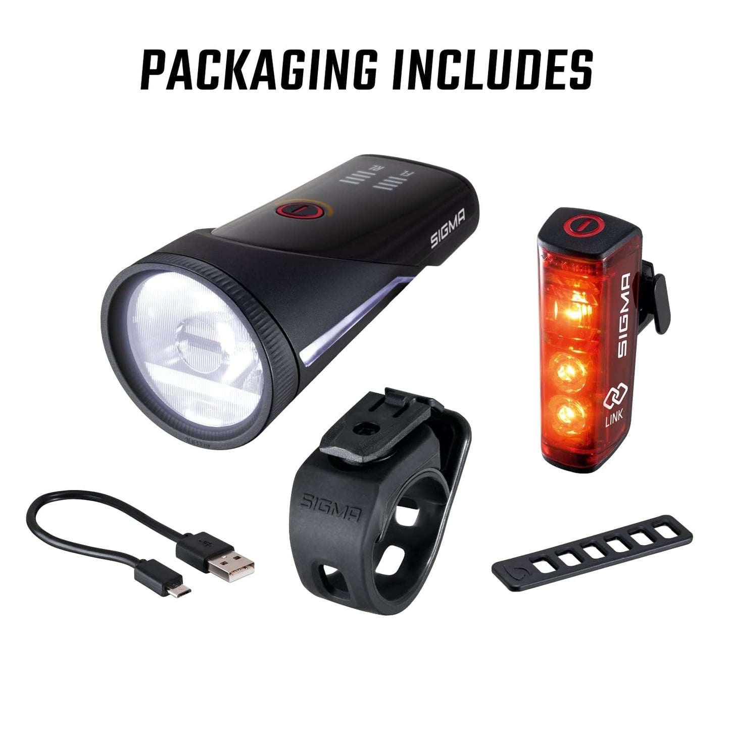 SIGMA Bicycle Light Set Aura 100/Blaze Link (Silicone Holder) Innovative Coupling Function and Automatic Light Adjustment LED Bicycle Light Front with 100 Lux Rear Light with Brake Light Function