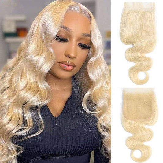 613 Blonde Lace Closure Body Wave 4x4 Invisible Transparent HD Lace Closure Only 12A Virgin Remy Human Hair Closure 100% Russian Blonde Human Hair Extensions Pre Plucked with Baby Hair 16 Inch
