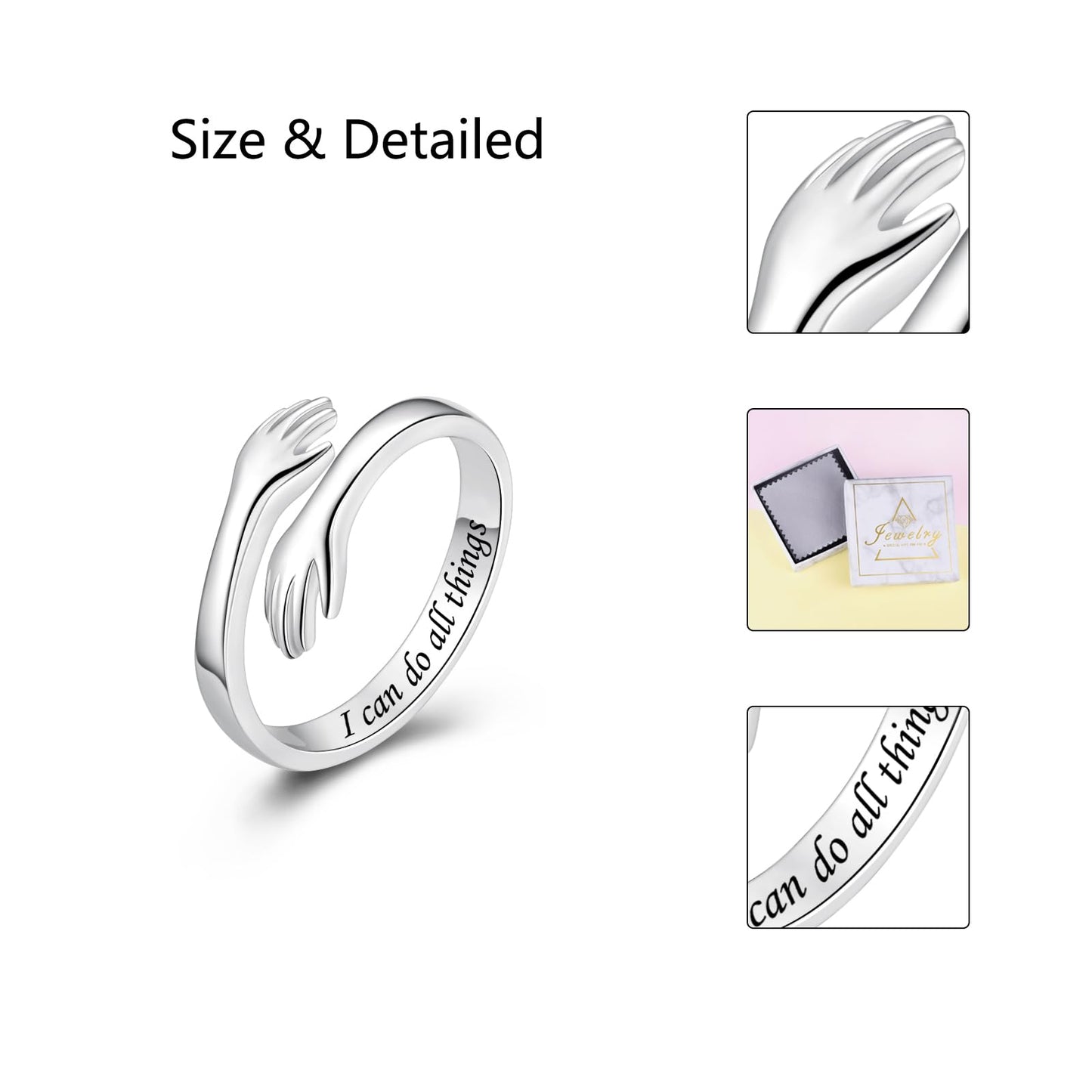 ACJFA Hug Rings for Women Sterling Silver Adjustable Ring Thumb Ring Birthday Mother Gifts Jewelry(I can do all things)