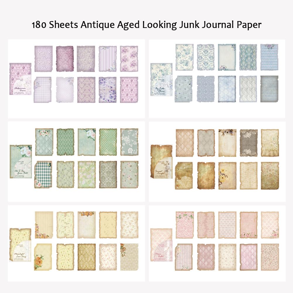 Diuhofart 180 Sheets Vintage Scrapbook Paper, Journaling Scrapbooking Supplies, Antique Aged Looking Background Paper for Junk Journals Card Making Mixed Media Decoupage Craft Arts Deco