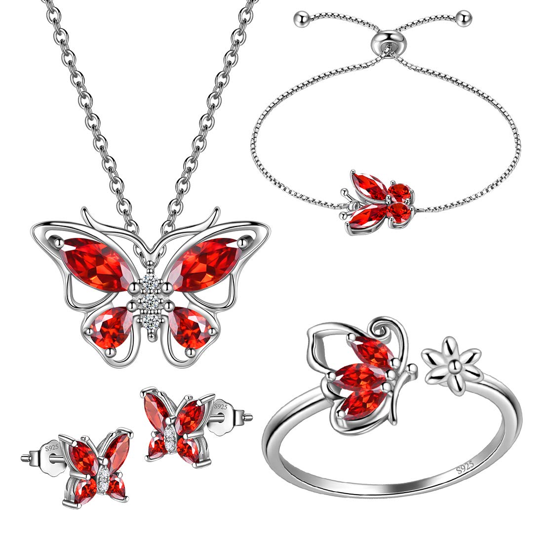 Hipunk Butterfly Red Jewelry Sets Birthstone Women 925 Sterling Silver January-Garnet Birth Stone Animal Butterflies Jewelry Sets/Earring/Ring/Bracelet Set Crystal Birthday Jewelry SS0003J