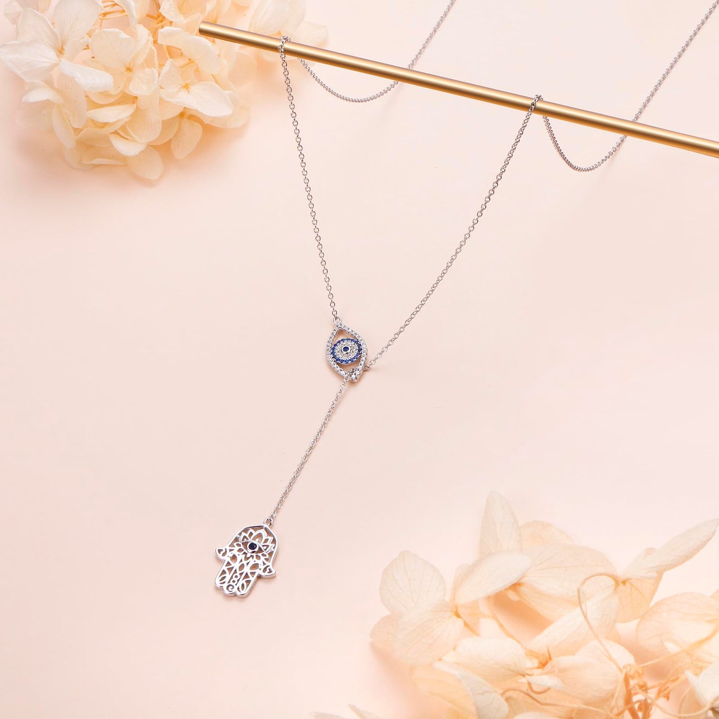 DAOCHONG Evil Eye Hamsa Hand Necklace 925 Sterling Silver Long Necklaces for Women Trendy Lariat Y Shaped Cubic Zirconia Pendant Necklaces Fashion Jewelry for Women Gift