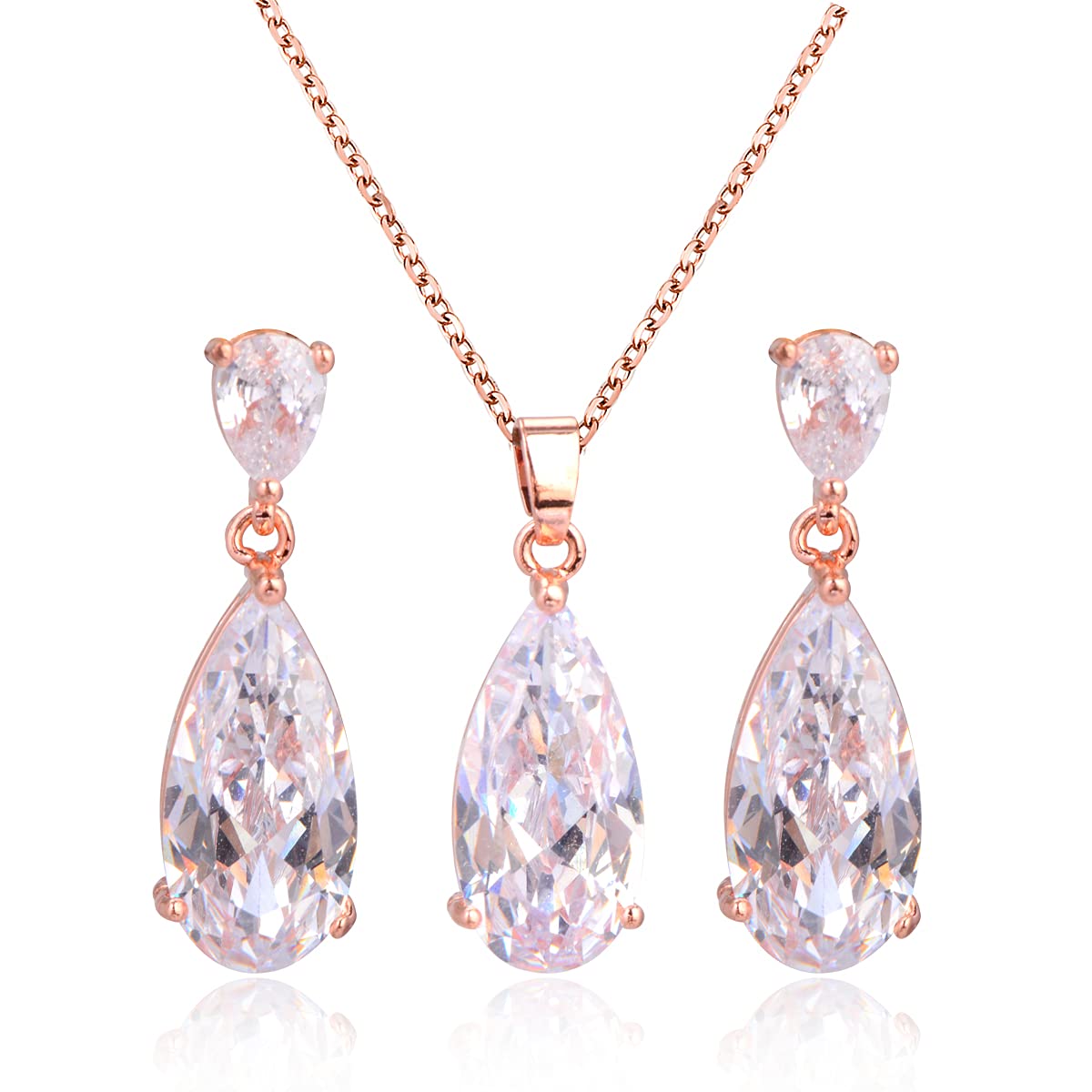 Wedding Jewelry Set for Bridesmaids Sterling Silver Teardrop CZ Crystal Cubic Zirconia Rhinestone Diamond Bridal Necklace Earrings Set for Bride Mother of Bride Party Prom Birthstone Costume
