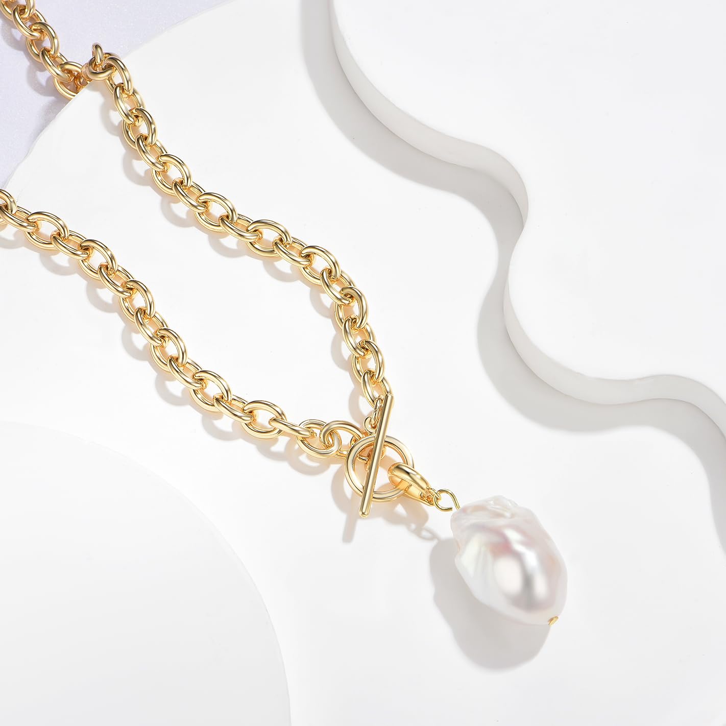 Large Freshweater Baroque Pearl Pendant Necklace for Women Chunky Single Irregular Pearl Chain Choker Handmade 14K Gold Plated Thick Link Chain with Toggle Clasp Vintage Summer Jewelry Gifts 18''
