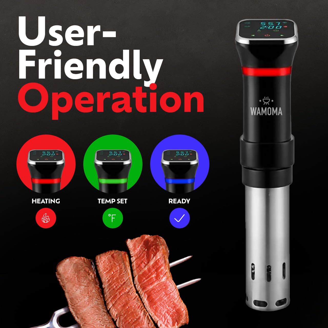 Wamoma Sous Vide - Precision Cooker with Immersion Circulator & Free Cookbook, 1100W Ultra-Quiet Motor, IPX7 Waterproof, Smart Chip Technology, Perfectly Cooked Meals, Universal Clip Design