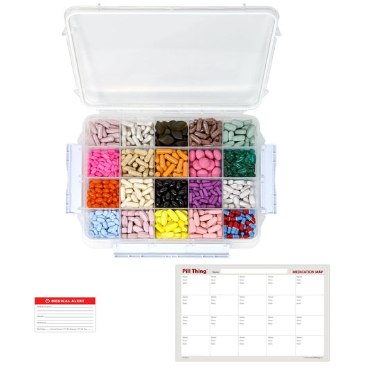 20 Compartment Large Pill Case with Airtight Seal - Silicone Gasket Waterproof Med Box with Medication Map (Clear, 1 Pack)