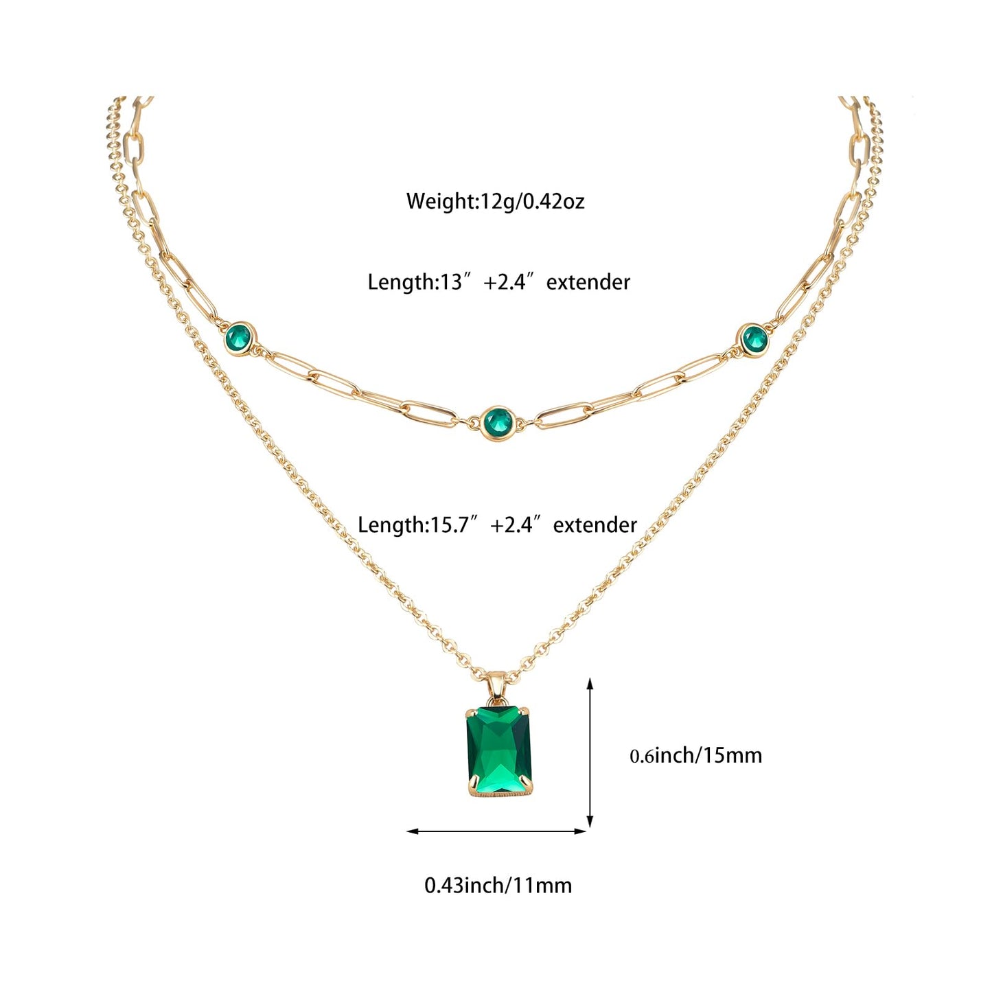 VANGETIMI Emerald Green and Gold Layered Pendant Necklaces for Women 14k Gold Plated Crystal Choker Necklace Paperclip Rhinestone Necklace Party Prom Jewelry