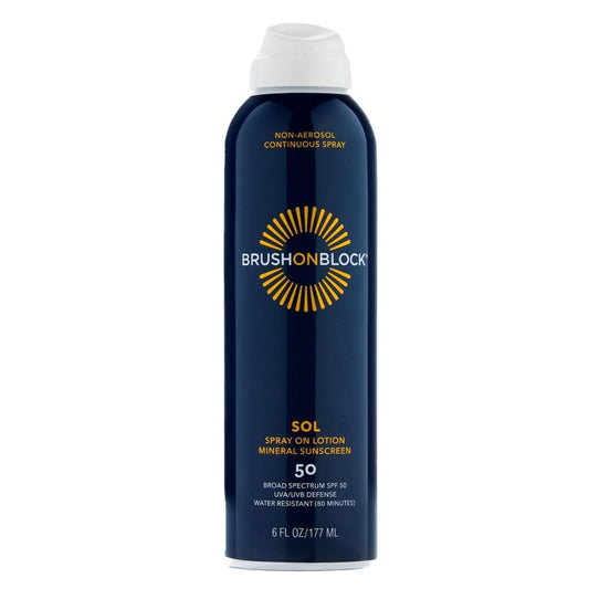 Brush On Block SOL SPF 50 Mineral Spray on Lotion, Non Aerosol Continuous Spray Sunscreen, Water Resistant, Reef Friendly, 6 oz