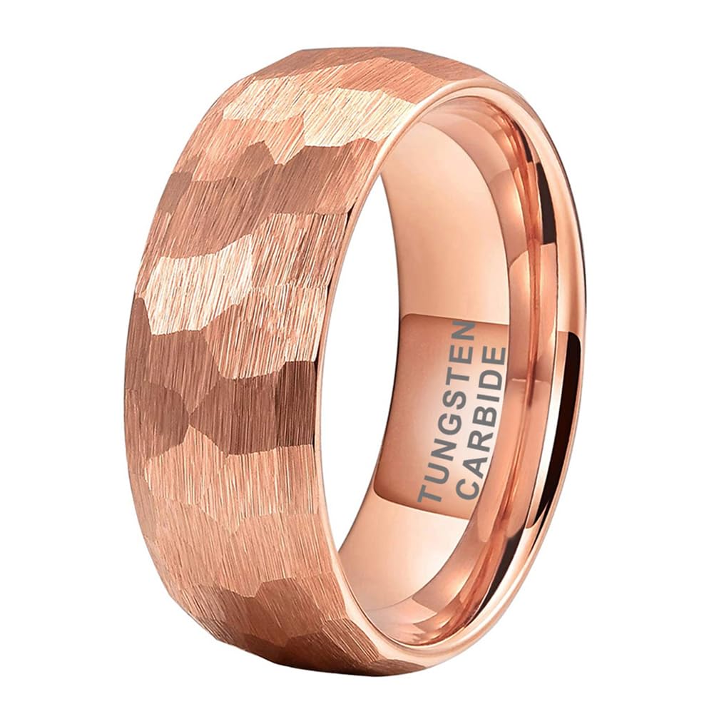 TUTISS 8mm Rose Gold Hammered Tungsten Rings for Men Women Engagement Wedding Bands Domed Matte Finish Comfort Fit Size 15