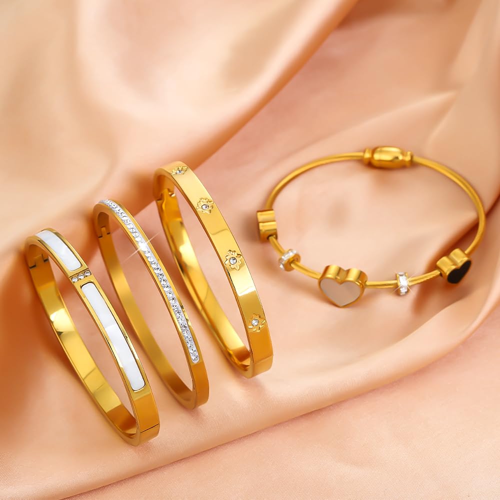 Women's 18K Gold Plated Stainless Steel Bracelet Set (6cm/2.3inch) - Waterproof Delicate Stackable Bangle Set with Mother of Pearl, Heart Design & Cubic Zirconia for Women Jewelry Gifts (4pcs Bracelet Set A)