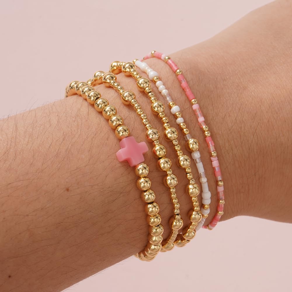 Cross Gold Beaded Bracelet Stack for Women,Dainty Bohemian Stretch Pink Seed Beads Stackable Bracelets Set Fashion Party Holiday Birthday Accessories Jewelry Gift Friendship