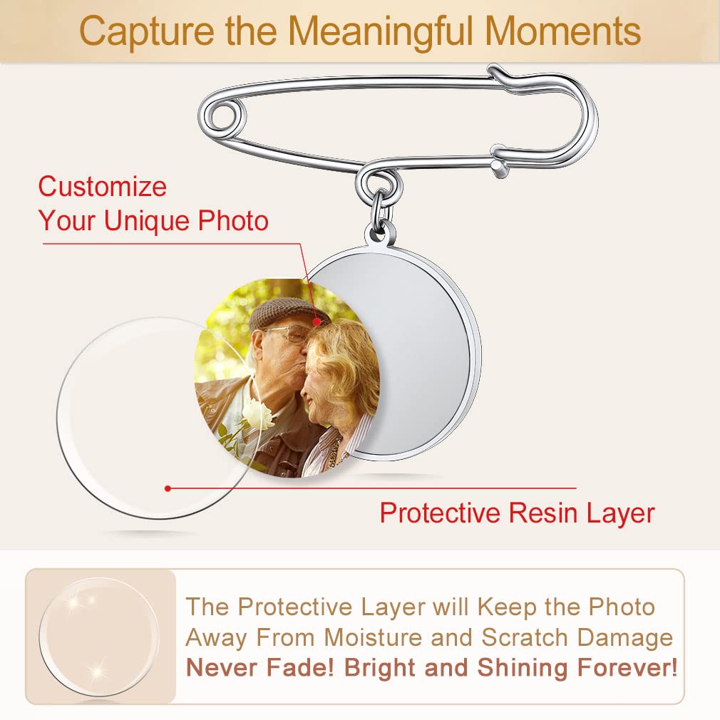 Custom4U Wedding Boutonniere Round Bouquet Charm Pin Customized Photo Charm for Mother of The Bride Groom Women Men