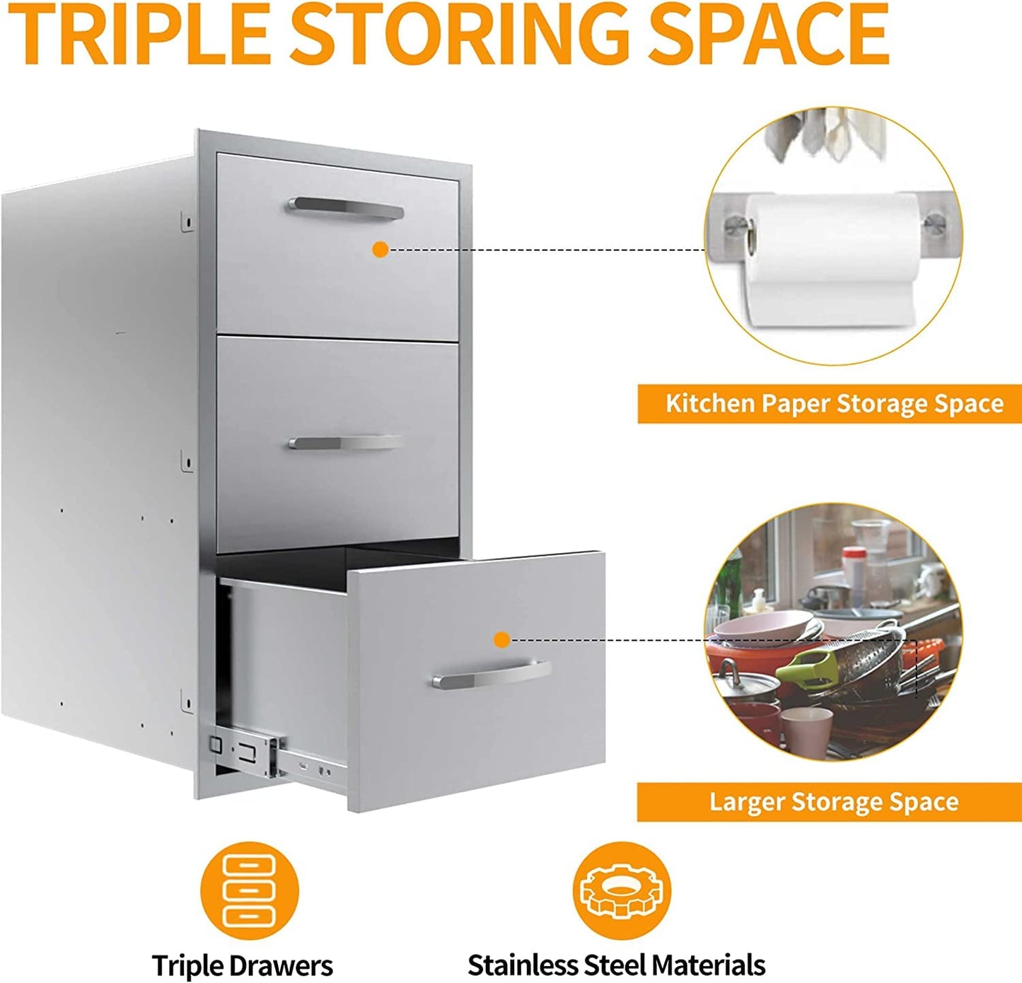 Outdoor Kitchen Triple Drawers 17" W x 30" H x 21" D Built-in BBQ Drawer with Paper Towel Holder Combo Stainless Steel Access Drawers for Outdoor Kitchen Island or Grill Station