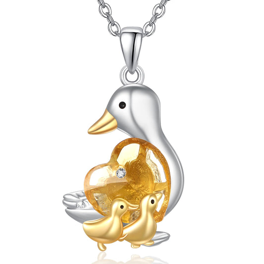 AENEAS Valentines Day Gifts for Women Her Mama Duck Necklace for Women 925 Sterling Silver Mother Duck Citrine Pendant Necklace Cute Animal Jewelry Gifts for Mom