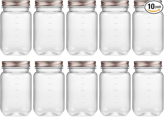 novelinks 16 oz Clear Plastic Jars with Lids, Refillable 16oz Mason Jars with Lids & Storage Containers for Kitchen & Household Use (10 Pack,Rose Gold)