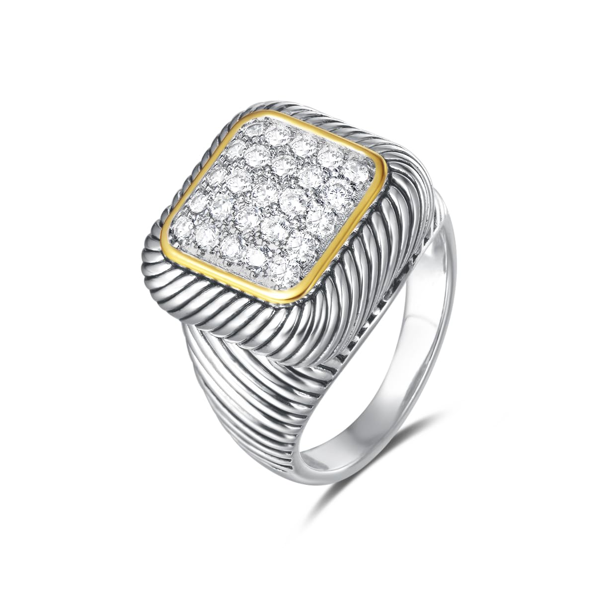 UNY Jewel Twisted Cable Ring Designer Inspired Fashion Brand David Square Pave CZ Women Two Tone Jewelry (White, 8)