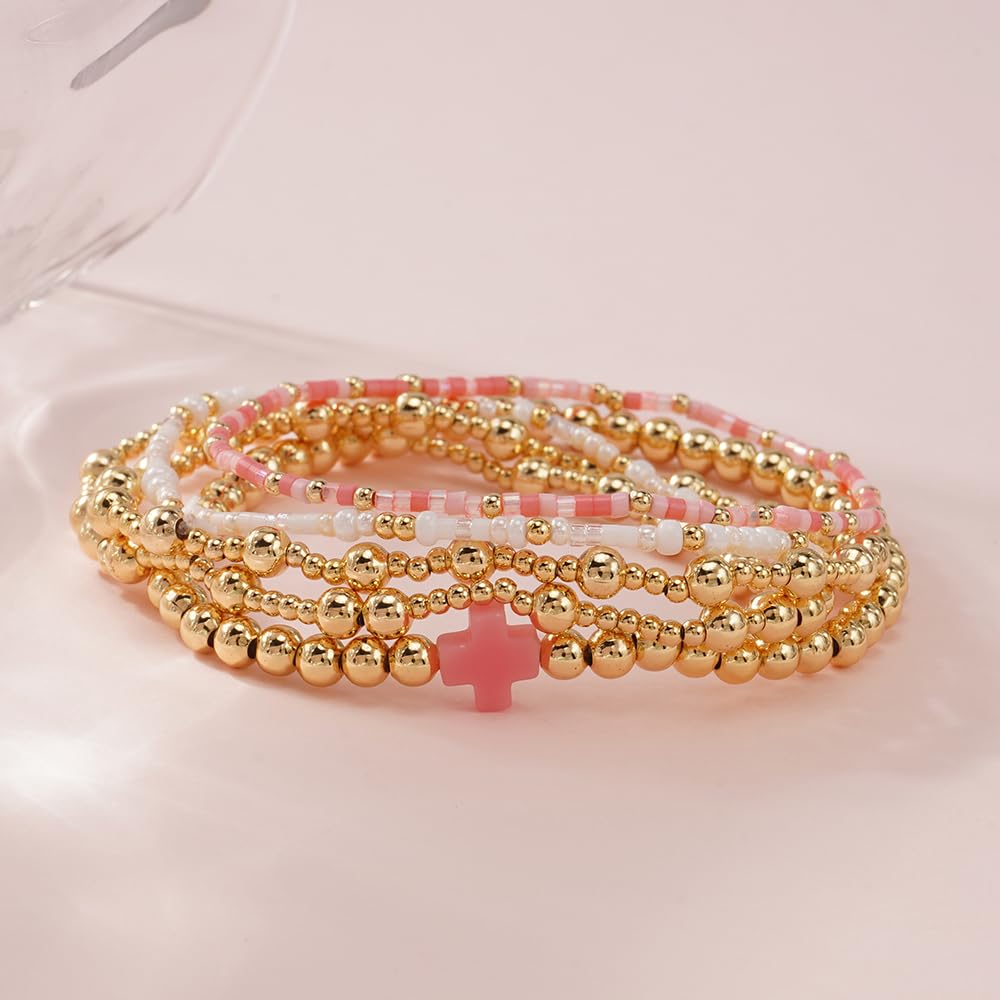 Cross Gold Beaded Bracelet Stack for Women,Dainty Bohemian Stretch Pink Seed Beads Stackable Bracelets Set Fashion Party Holiday Birthday Accessories Jewelry Gift Friendship