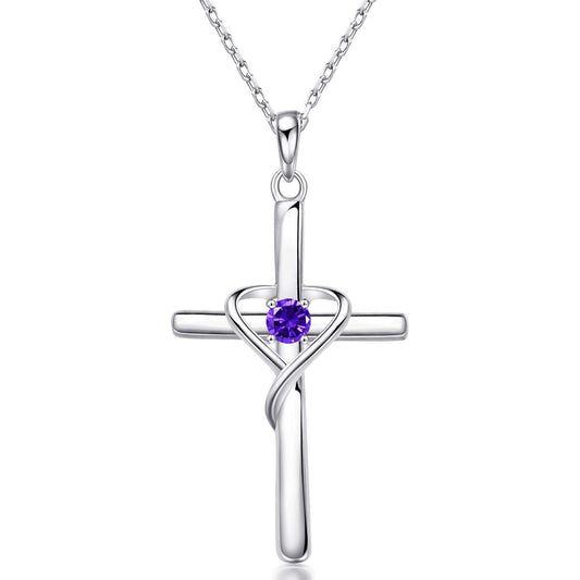 AmorAime 925 Sterling Silver Cross Necklace for Women Men 14K Gold Plated 5A CZ Birthstone Necklaces for Holiday (B.Purple-February-Amethyst)