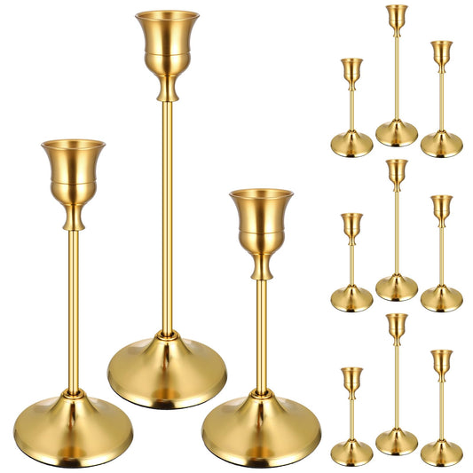 12PCS Brass Gold Taper Candle Holders Set, Vintage Metal Candlestick Holders for Table Centerpiece, Wedding Reception, Festive Christmas Mantel Decoration