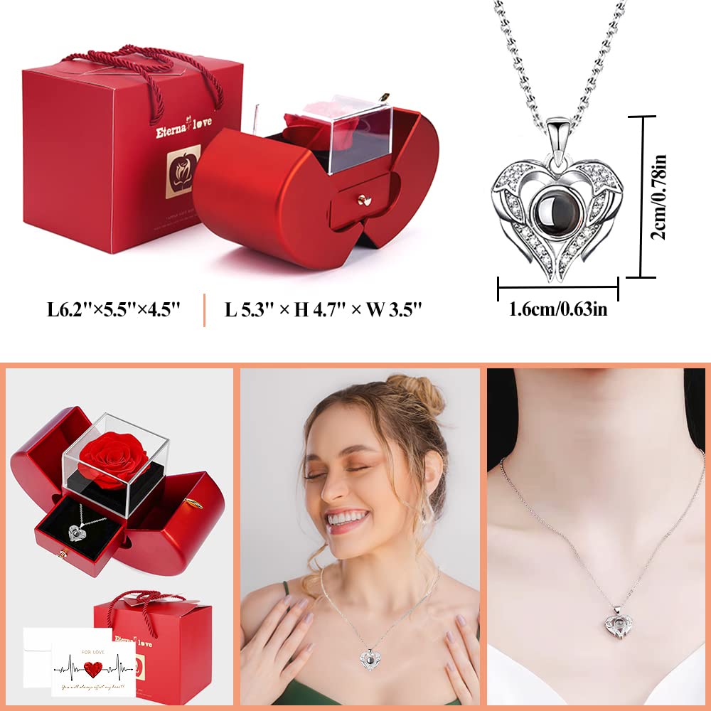 Mother’s Day Gifts for Mom Eternal Rose Gift Box with Necklace for Women, Preserved Forever Rose Jewelry Box, Romantic Valentines Day Christmas Mothers Day Anniversary Birthday Gifts for Girlfriend Wife Mom