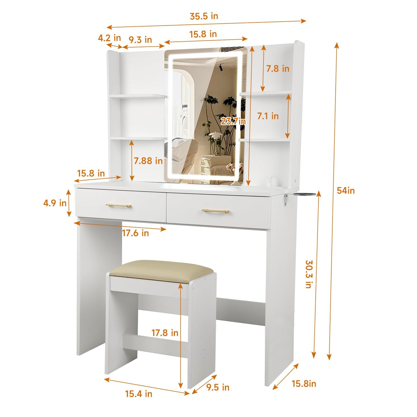 QUALIKRAFT White Vanity Set with LED Mirror & Stool, Makeup Desk with Built-in Power Outlet (2 AC & 2 USB), 2 Large Drawers & 6 Shelves, Lighted Dressing Table for Bedroom Organization