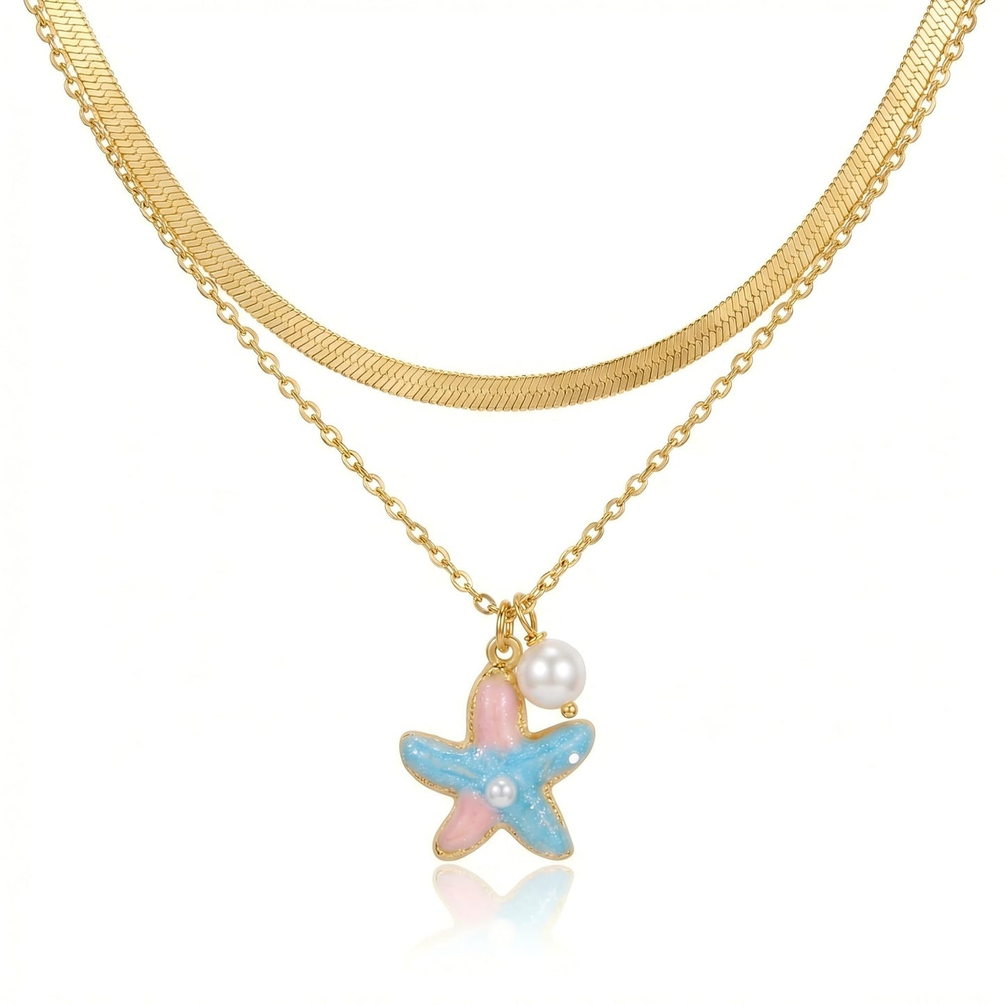 Harlermoon Gold Starfish Necklace for Women - 18K Gold Plated Stainless Steel Ocean Beach Jewelry, Sea Turtle Shell Pearl Pendant, Waterproof Non Tarnish Snake Chain Choker, Summer Vacation Mermaid Gifts (Small Starfish Snake Chain)