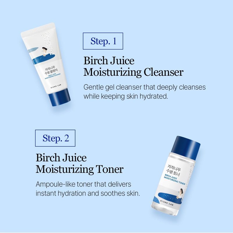 ROUND LAB Birch Juice Moisturizing Mini Kit, 4-Step Travel Size Skincare Set (Cleanser, Toner, Serum, Cream), Daily Skin Care Routine Trial Kit for Acne-Prone and Sensitive Skin, Korean Skin Care