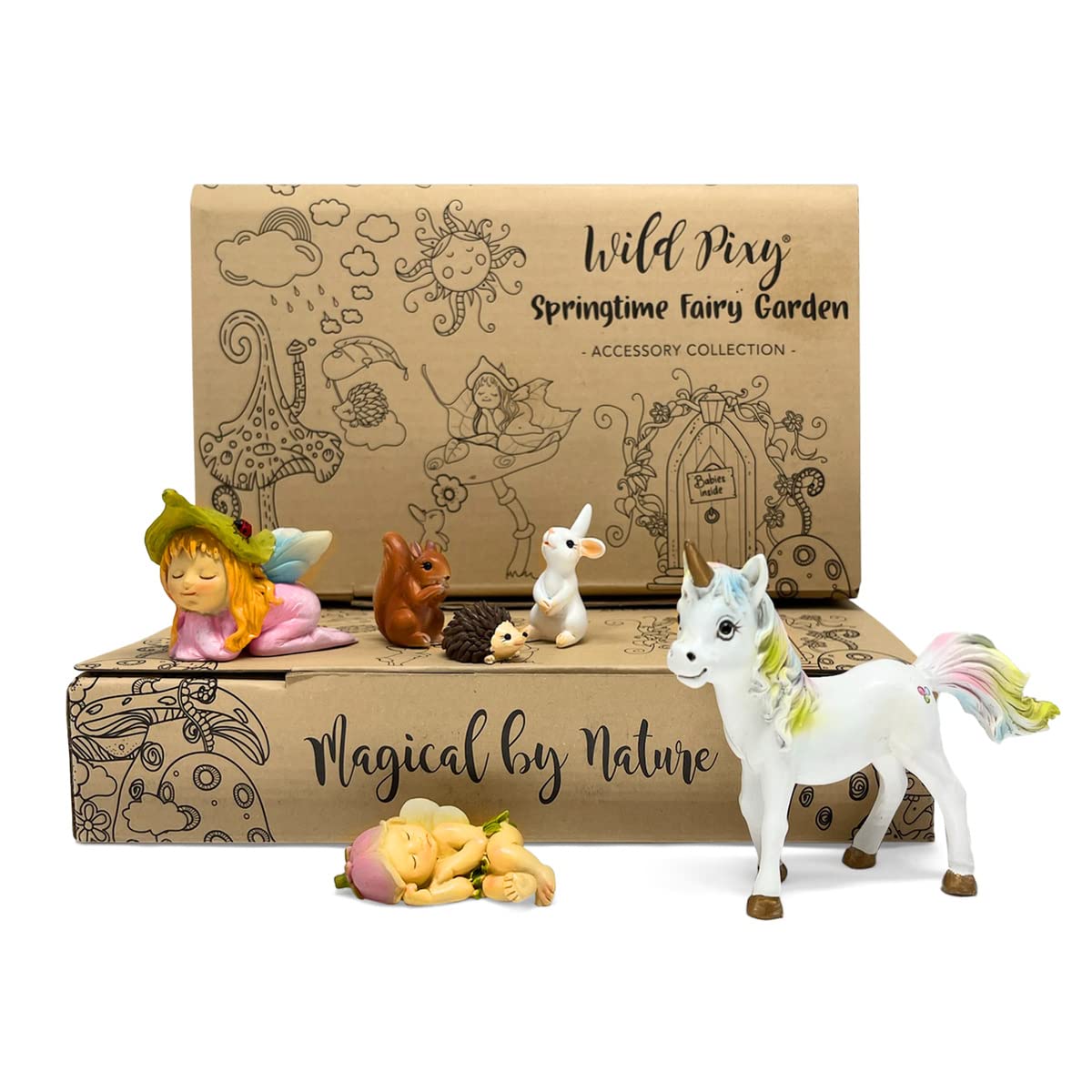 WILD PIXY Miniature Baby Fairy Garden Figurine Set – Decorative Fairy Garden Ornaments with Baby Animals & Fairies – Indoor & Outdoor Décor, Presented in Premium Gift Box