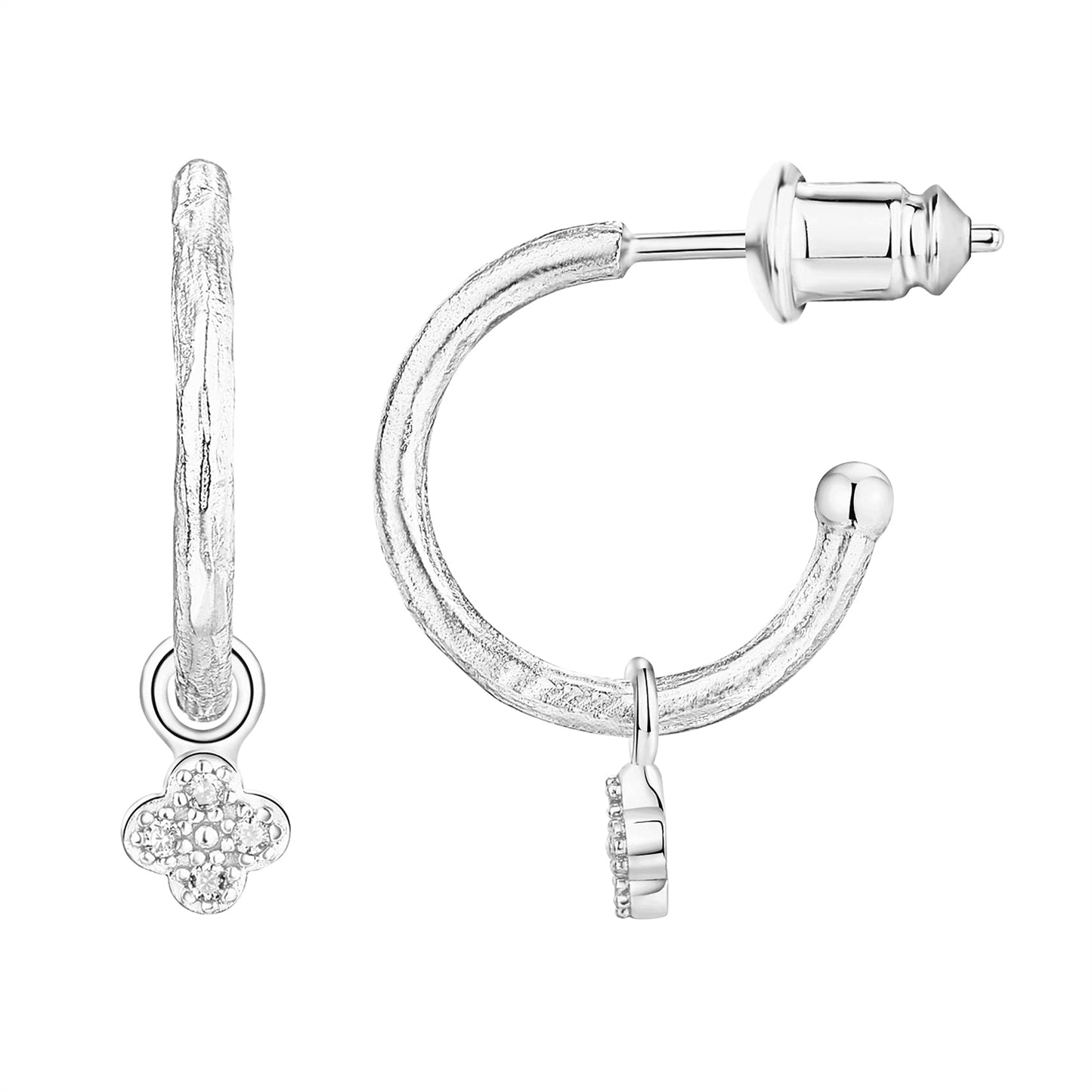 PAVOI Rhodium Plated 925 Sterling Silver Post Dangle Huggie Hoop Earrings For Women - Trendy Clover Drop Open Hoop Earrings - Cubic Zirconia Small Hinged Hammered Huggies