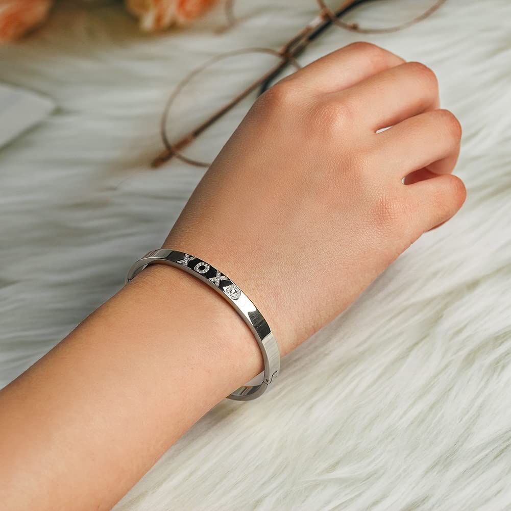 WISTIC Gold Plated Bangle Bracelet for Women, Silver Engraved Letter Cuff Bracelet with CZ, Fits 6.0–7.0 Inch Wrist, 2.4in Inner Dia., Rose Gold Stainless Steel Hinged Bangle Jewelry, XOXO, Silver
