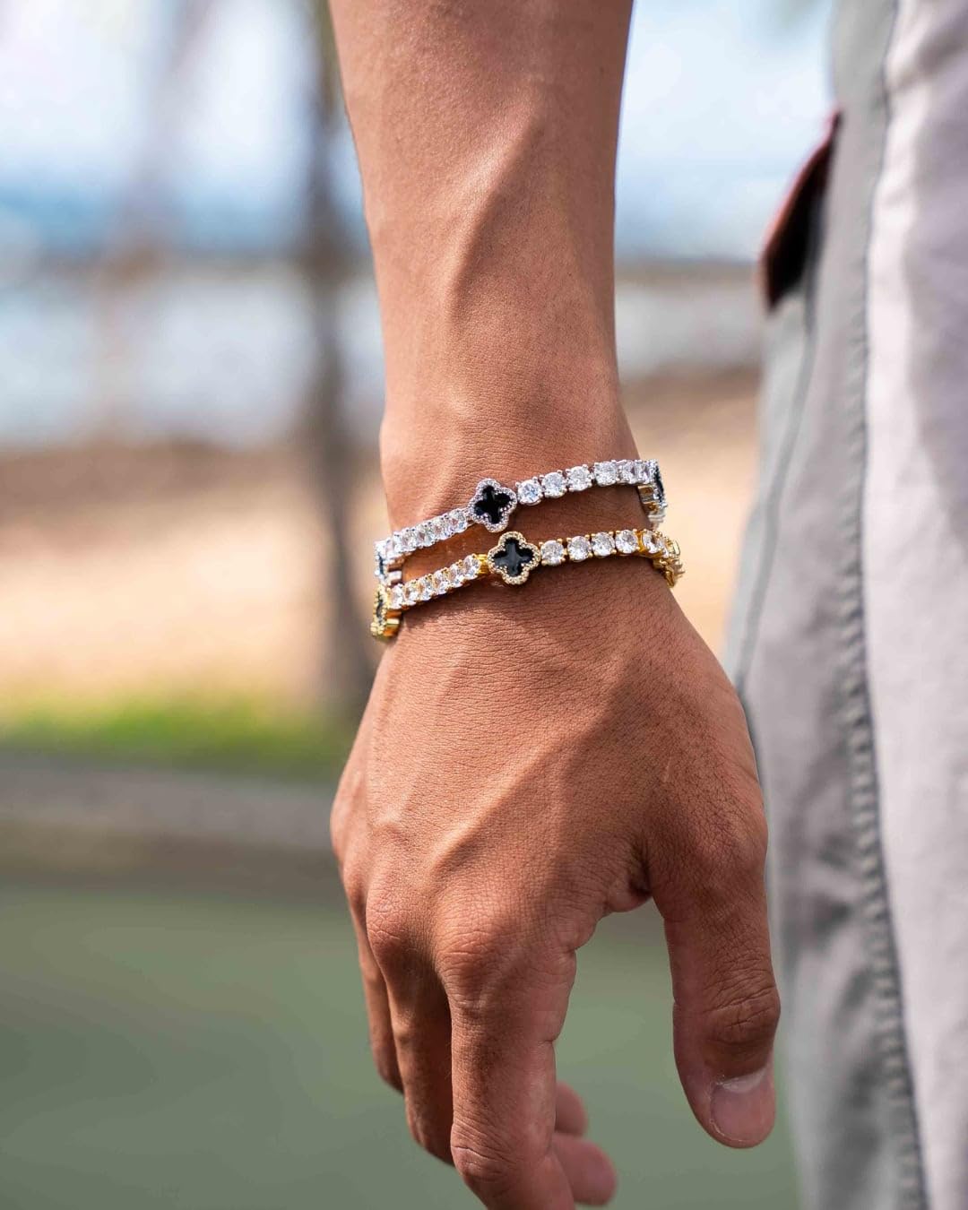 LuxeFlex 4mm Iced Out Clover Tennis Bracelet, White Gold Plated with 5A Zircon Stones, Handmade exquisite Hip Hop Jewelry, Perfect Unisex Gift (White Gold, 7)