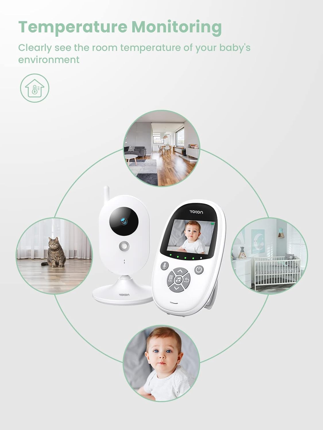 YOTON Baby Camera Monitor, Baby Monitor with Camera Night Vision, No WiFi, 1.8m USB-C Charging Cable, 2.4" Screen, 2-Way Talk, Feeding Reminder Temperature Sensor and 8 Lullabies