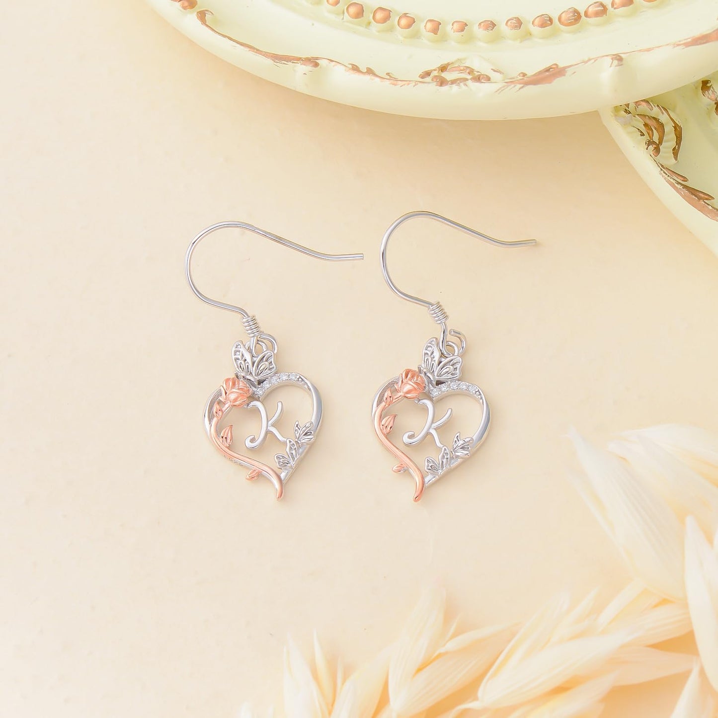 TOUPOP Rose Heart Initial Earrings Sterling Silver Butterfly Earring Initial K Letter Drop Dangle Earrings Jewelry Anniversary Birthday Mothers Day Gifts for Women Mom Wife Girlfriend Her