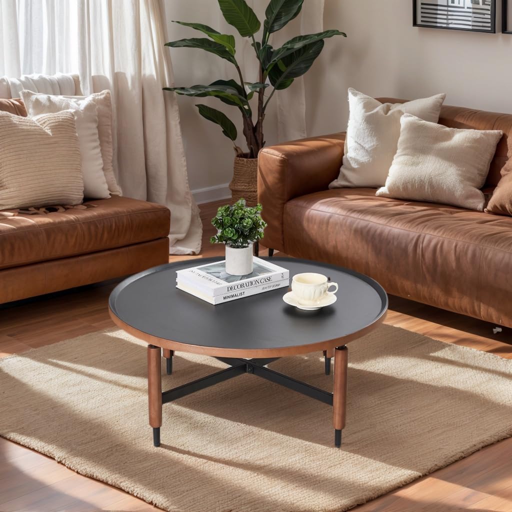 LukeAlon Modern Round Coffee Table for Living Room - Circle Wooden Table Top with Black Cross Legs Base, Rustic, Vintage, Easy Assembly, Black(31" D x 31" W x 13.5" H)