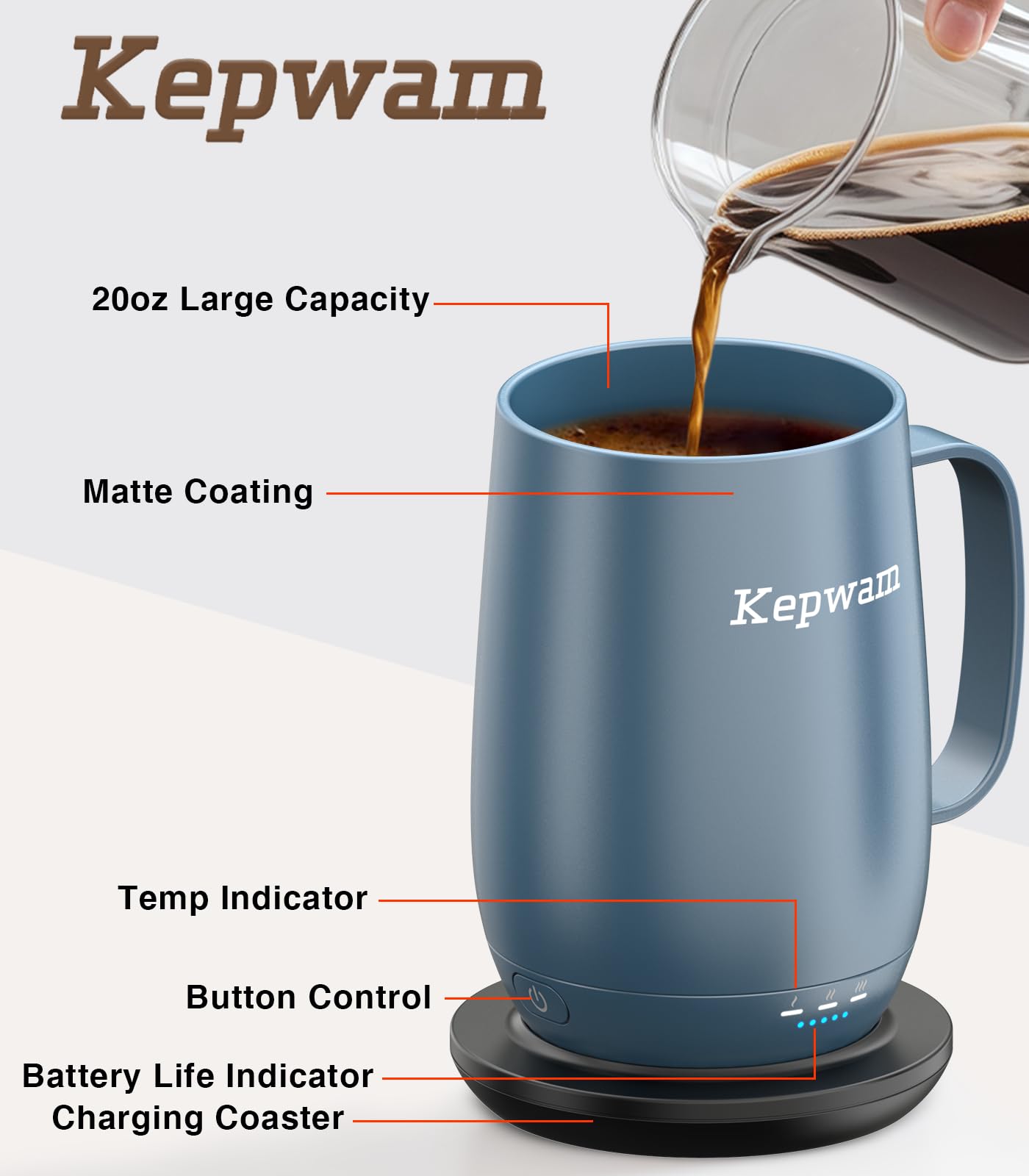 Kepwam Heated Coffee Mug T2-Plus, 20oz Leading Large Capacity Self Heating Coffee Mug, Up to 8 Hrs Battery & Hot Up to 149℉, Smart Coffee Mug for Women, Men