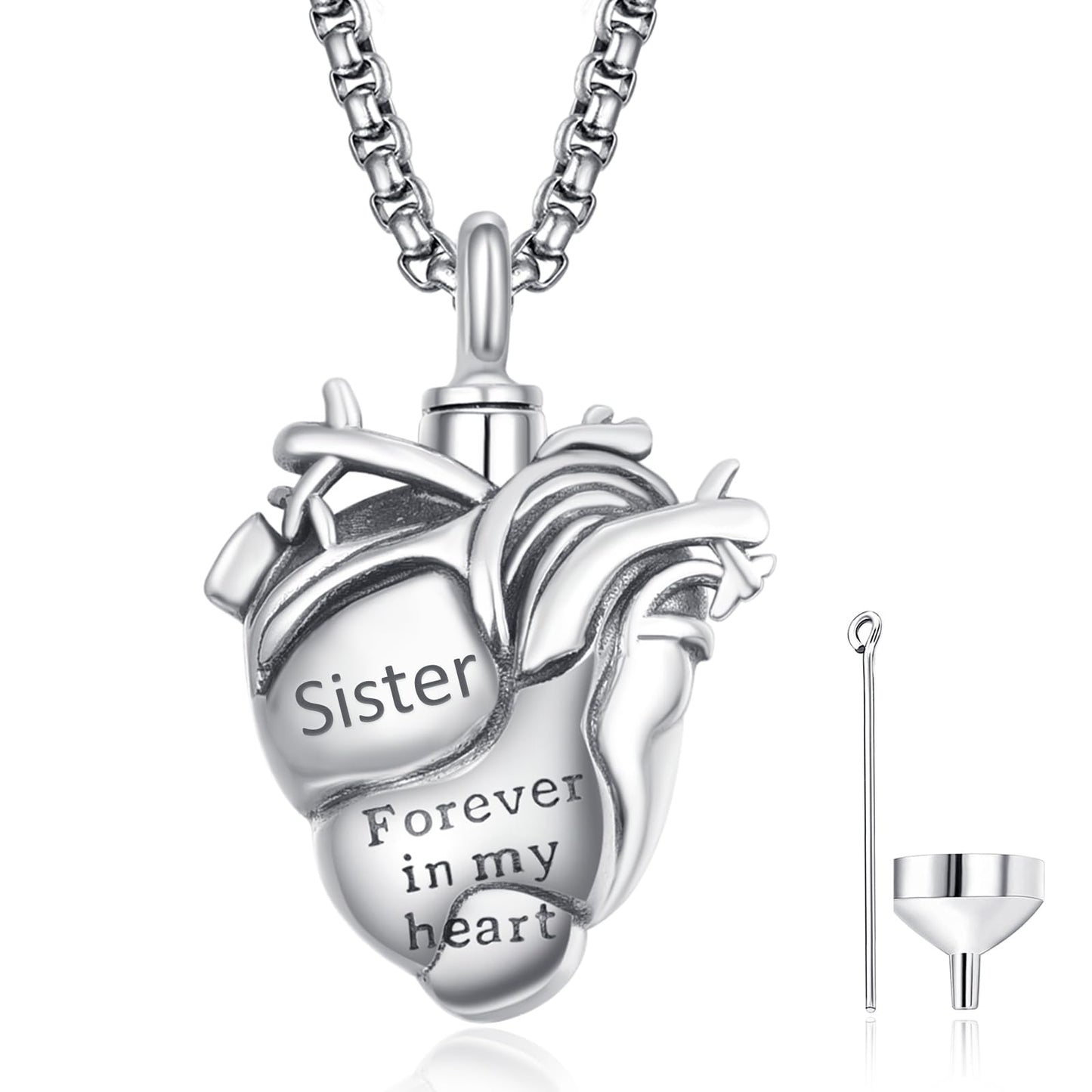 Anatomical Heart Urn Necklaces for Ashes Sterling Silver Ash Pendants Cremation Jewelry Sister Keepsake Pendant Memorial Jewelry Gifts for Loss of Sister