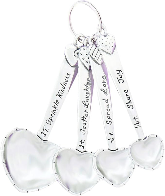 Heart Shaped Pewter Measuring Spoons Set of 4 Kindness Laughter Love Joy
