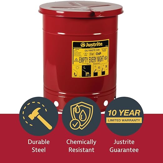 Justrite 10 Gallon Galvanized Steel Oily Waste Can, 18" x 14" Metal Oil Rag Safety Can with Hand Operated Self-Closing Lid for Oil Rag Disposal, Made in The USA, Red, 09310