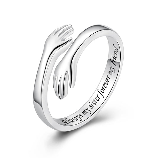 ACJFA Hug Rings for Women Sterling Silver Adjustable Ring for Women Daughter Hand Ring Jewelry for Birthday Gifts Holiday Gift(Always my sister forever my friend)