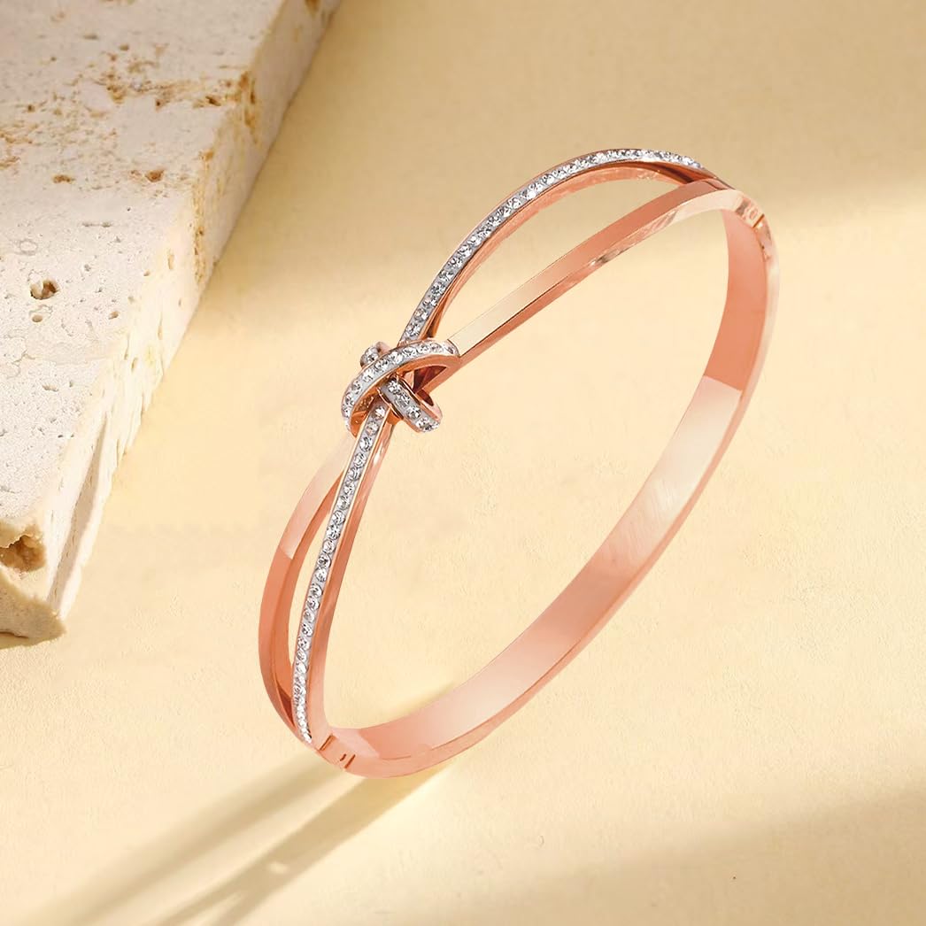 Bow Bangle Bracelet for Women Personalized Cubic Zirconia Stainless Steel Bracelets Oval Butterfly Knot Bangles Bracelets Gifts for Love （Rose）