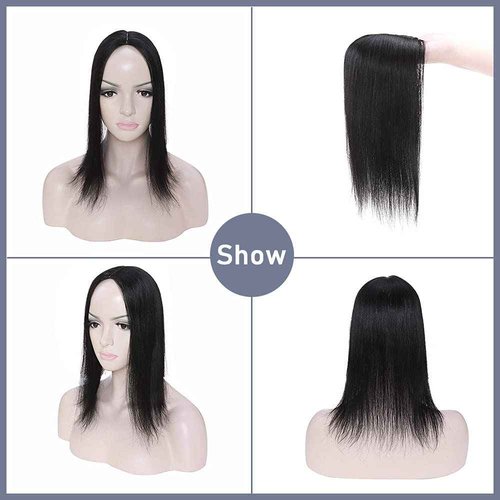 SEGO Clip in Hair Topper for Women, No Bangs Remy Human Hair Toppers, Silk Base Top Wiglet Hairpieces for Hair Loss Thinning Cover Grey 4 Clips